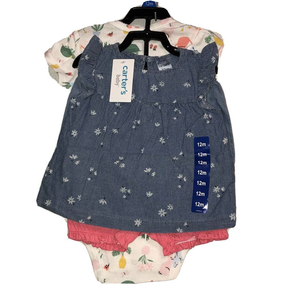 Carter's 12 Months Girls Flower Bunny 4 Pieces Dress Bodysuit Short Pant Set NWT - Picture 1 of 5